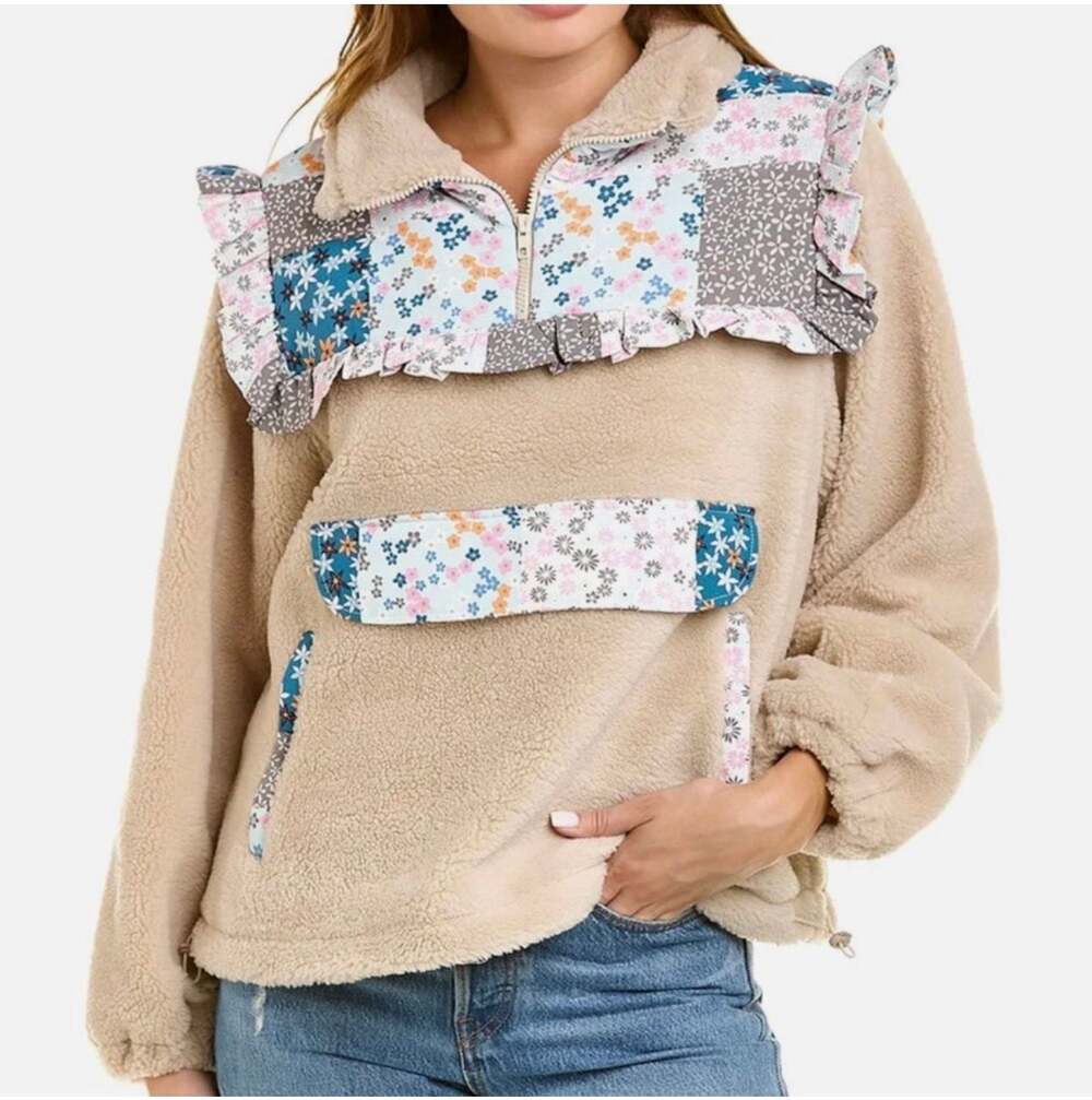 Lea & Viola Floral Patchwork Ruffle Trim Quarter-Zip Teddy Pullover
